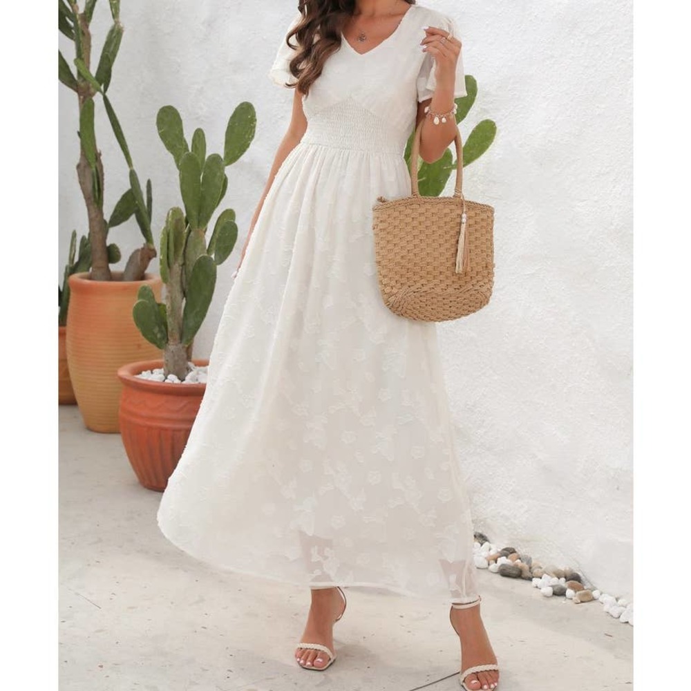 Sz S Camisa White Floral Jacquard Maxi Dress Women